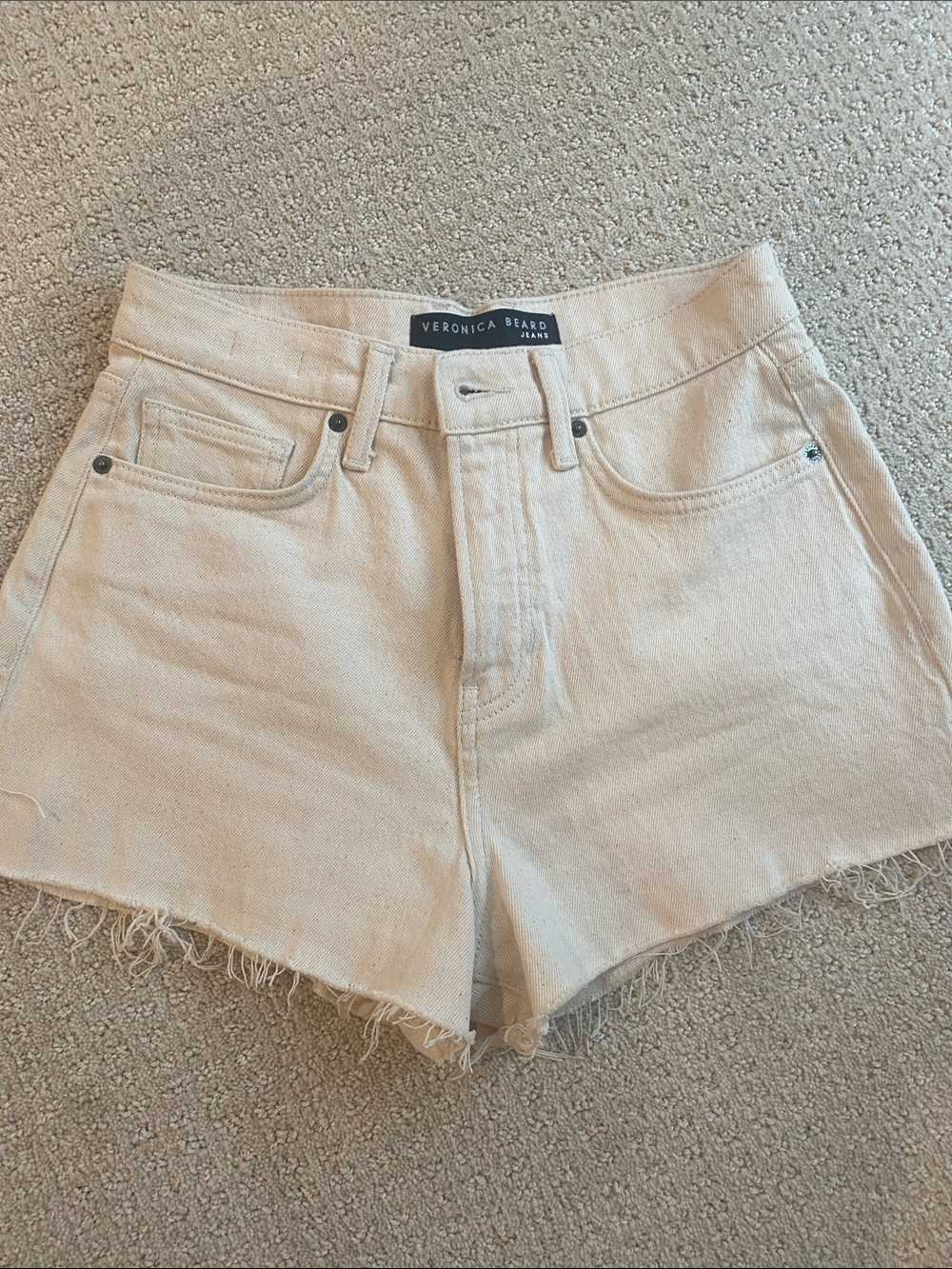 Veronica Beard Soft Cream High-Rise Frayed Denim Shorts